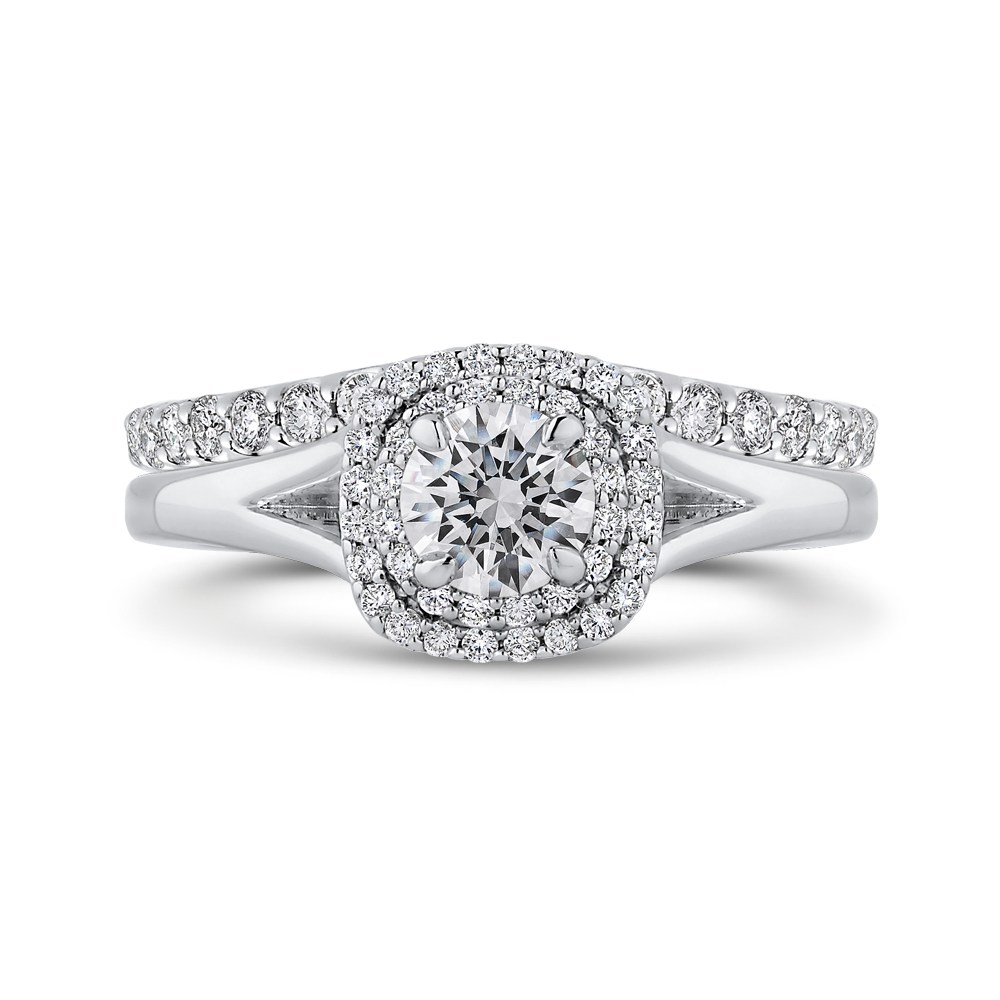 14K White Gold Round Diamond Double Halo with Spit Shank Engagement Ring