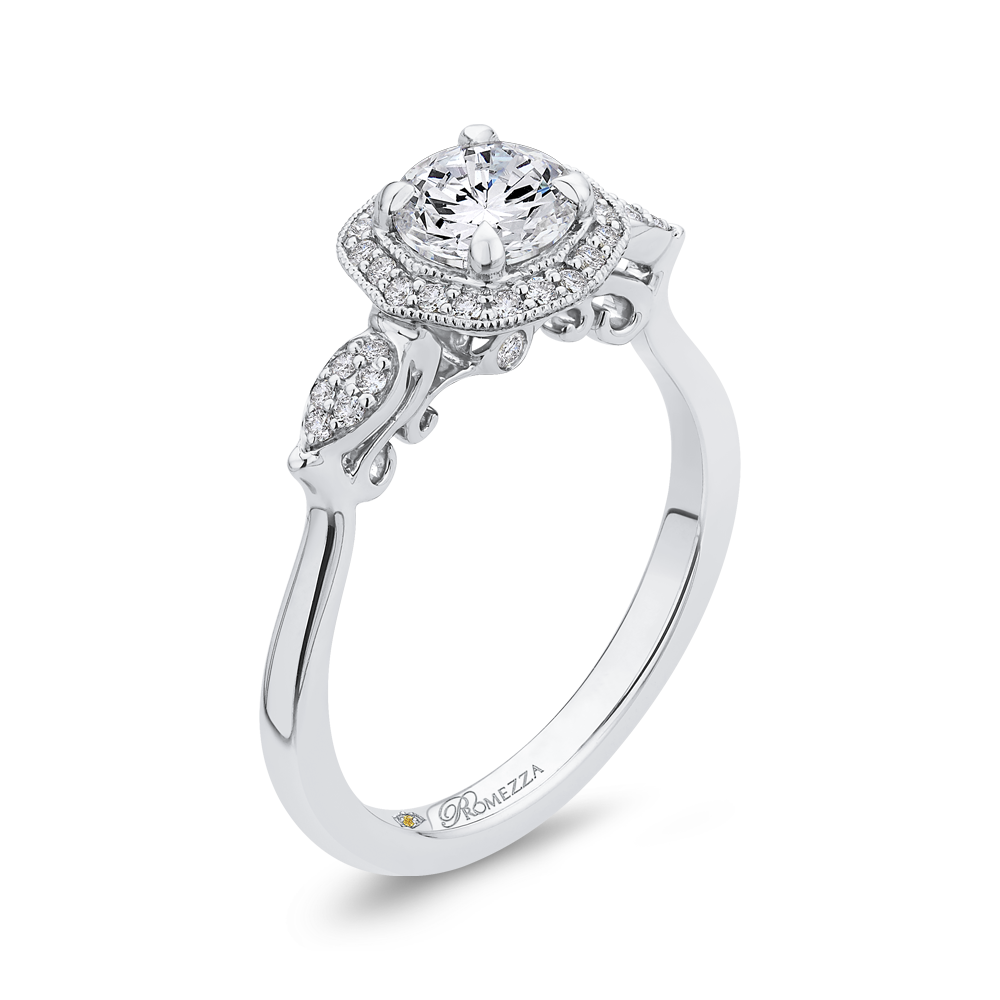 14K White Gold Round Diamond Floral Halo Engagement Ring