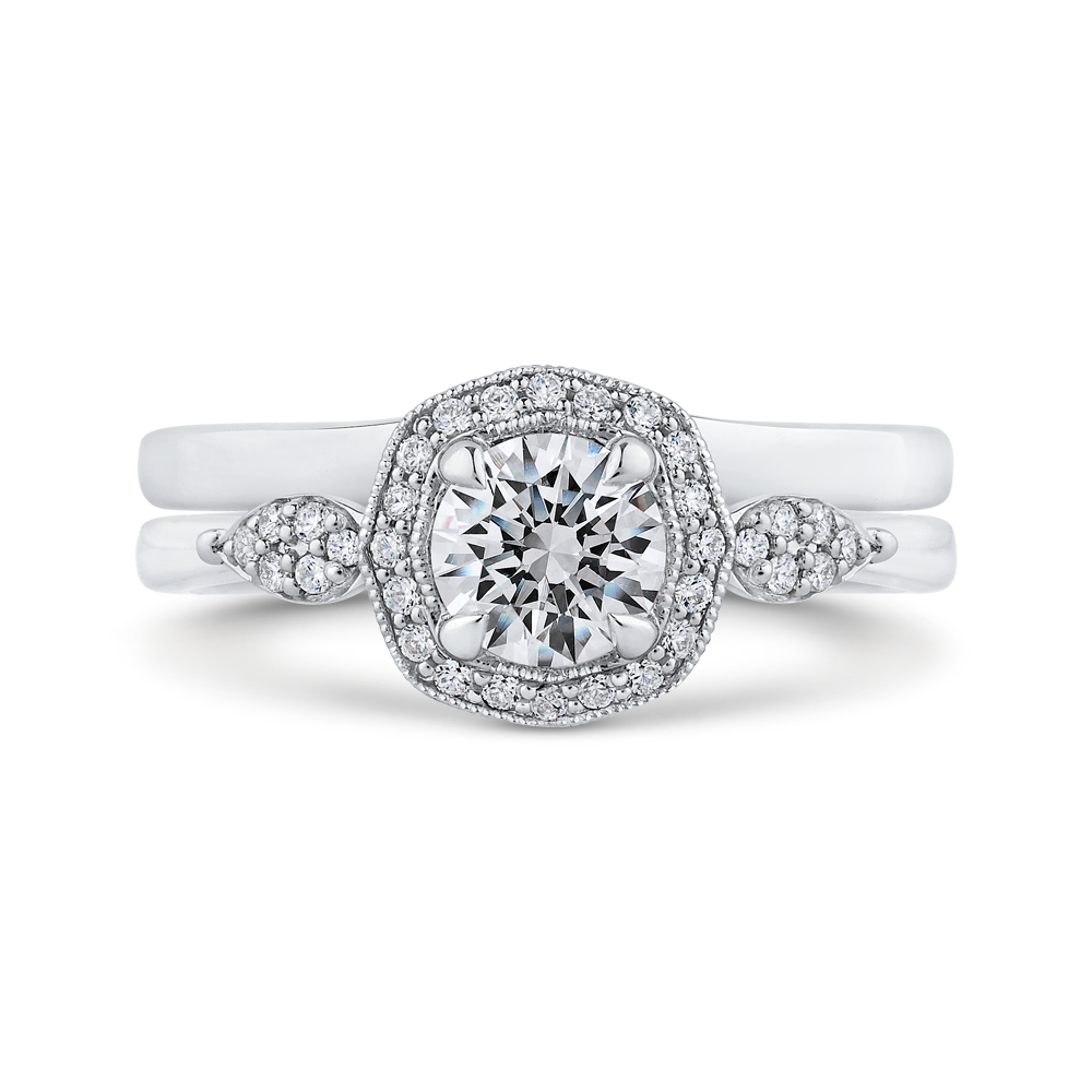 14K White Gold Round Diamond Floral Halo Engagement Ring