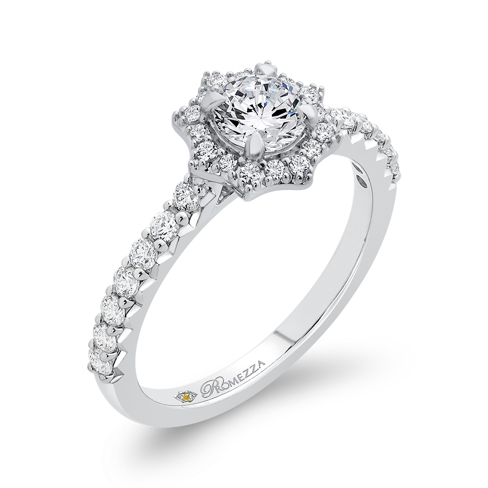 14K White Gold Round Diamond Floral Halo Engagement Ring