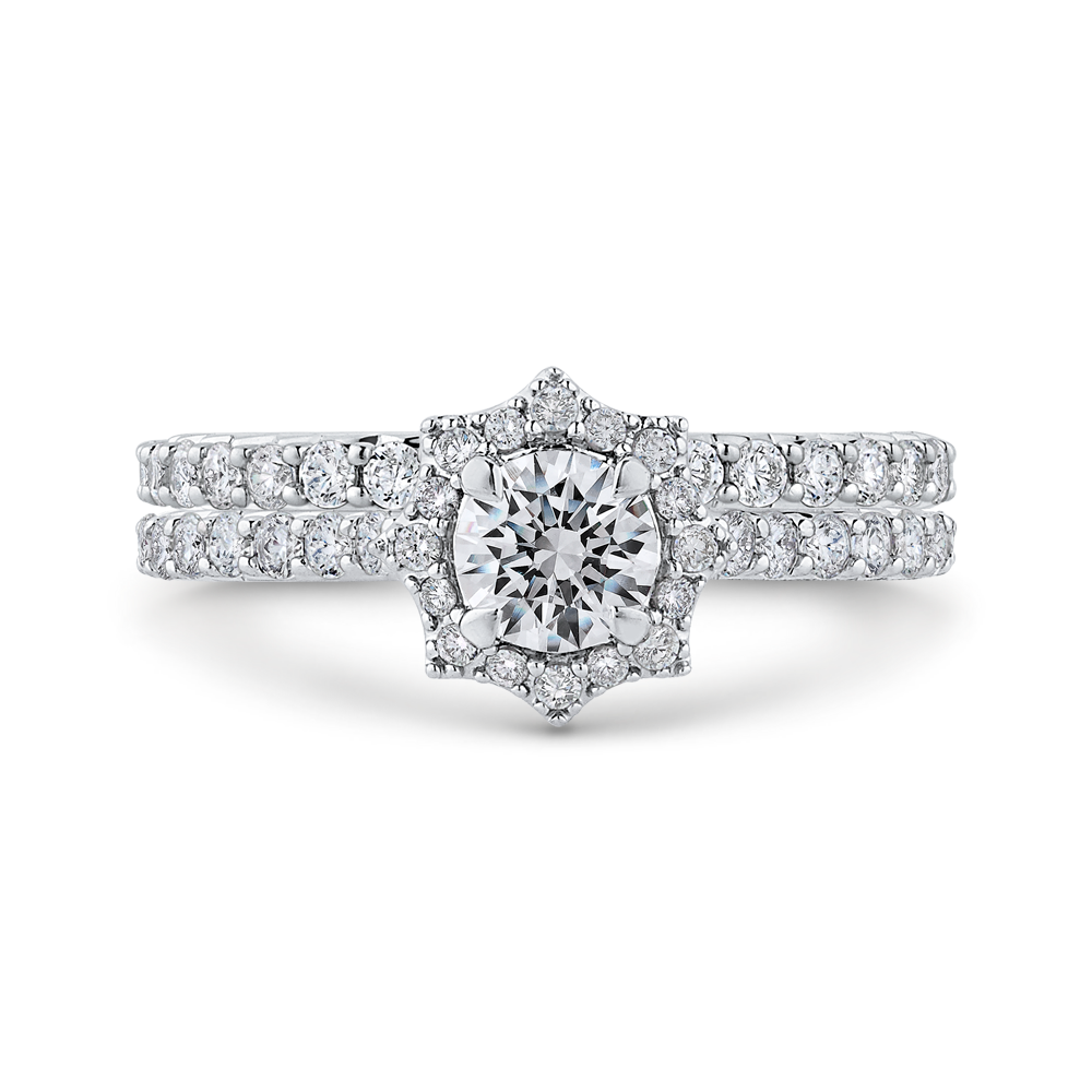 14K White Gold Round Diamond Floral Halo Engagement Ring