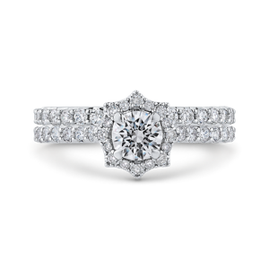 14K White Gold Round Diamond Floral Halo Engagement Ring