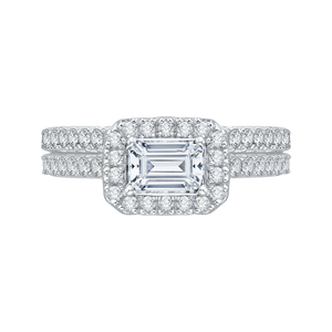 14K White Gold Emerald Cut Diamond Halo Engagement Ring