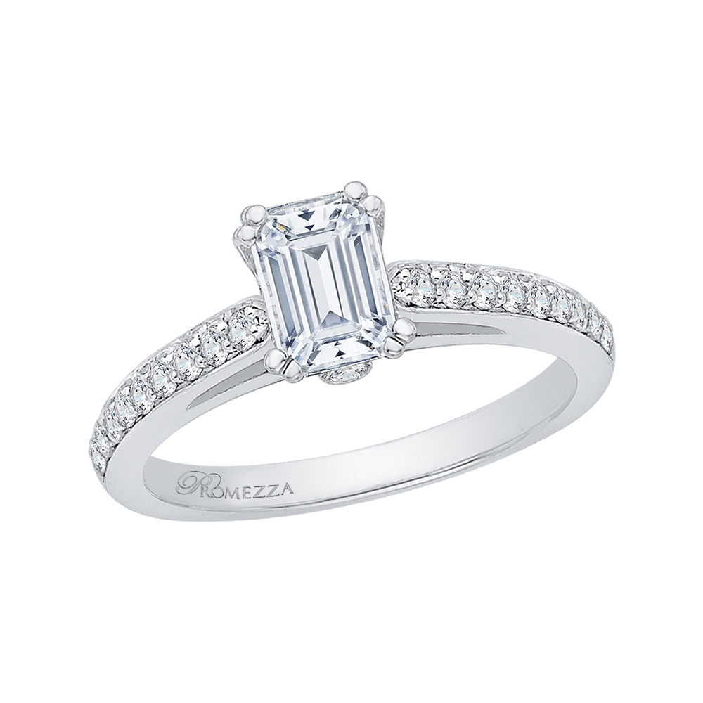 14K White Gold Emerald Cut Diamond Cathedral Style Engagement Ring