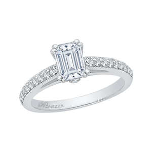 14K White Gold Emerald Cut Diamond Cathedral Style Engagement Ring