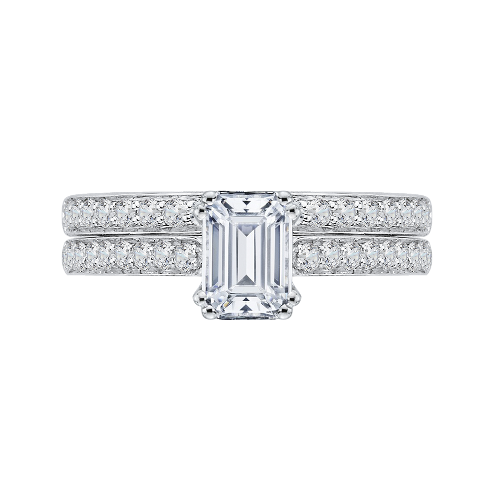 14K White Gold Emerald Cut Diamond Cathedral Style Engagement Ring