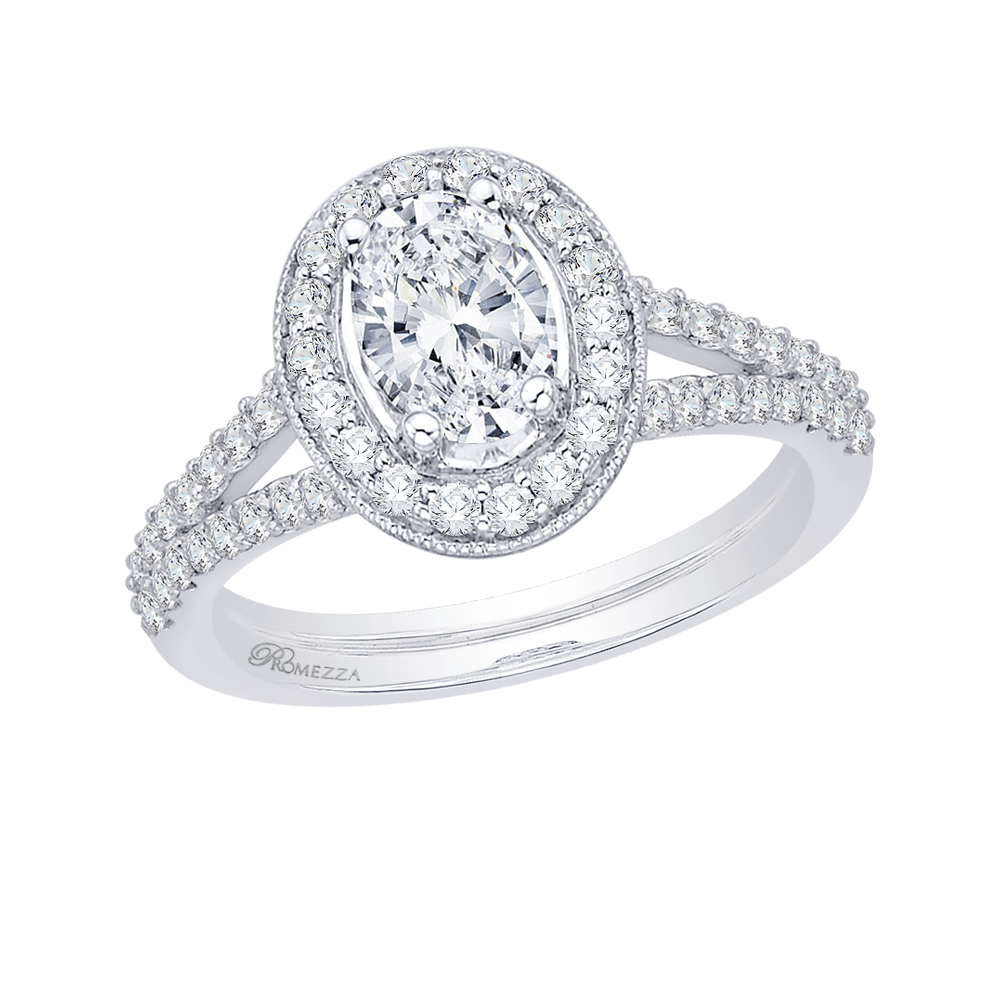 Oval Diamond Halo Engagement Ring In 14K White Gold with Split Shank