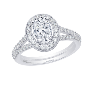 Oval Diamond Halo Engagement Ring In 14K White Gold with Split Shank