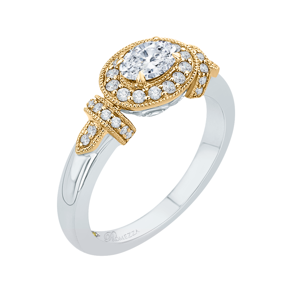 14K Two Tone Gold Oval Diamond Halo Engagement Ring