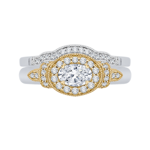 14K Two Tone Gold Oval Diamond Halo Engagement Ring