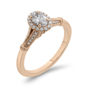 14K Rose Gold Oval Diamond Halo Cathedral Style Engagement Ring with Split Shank