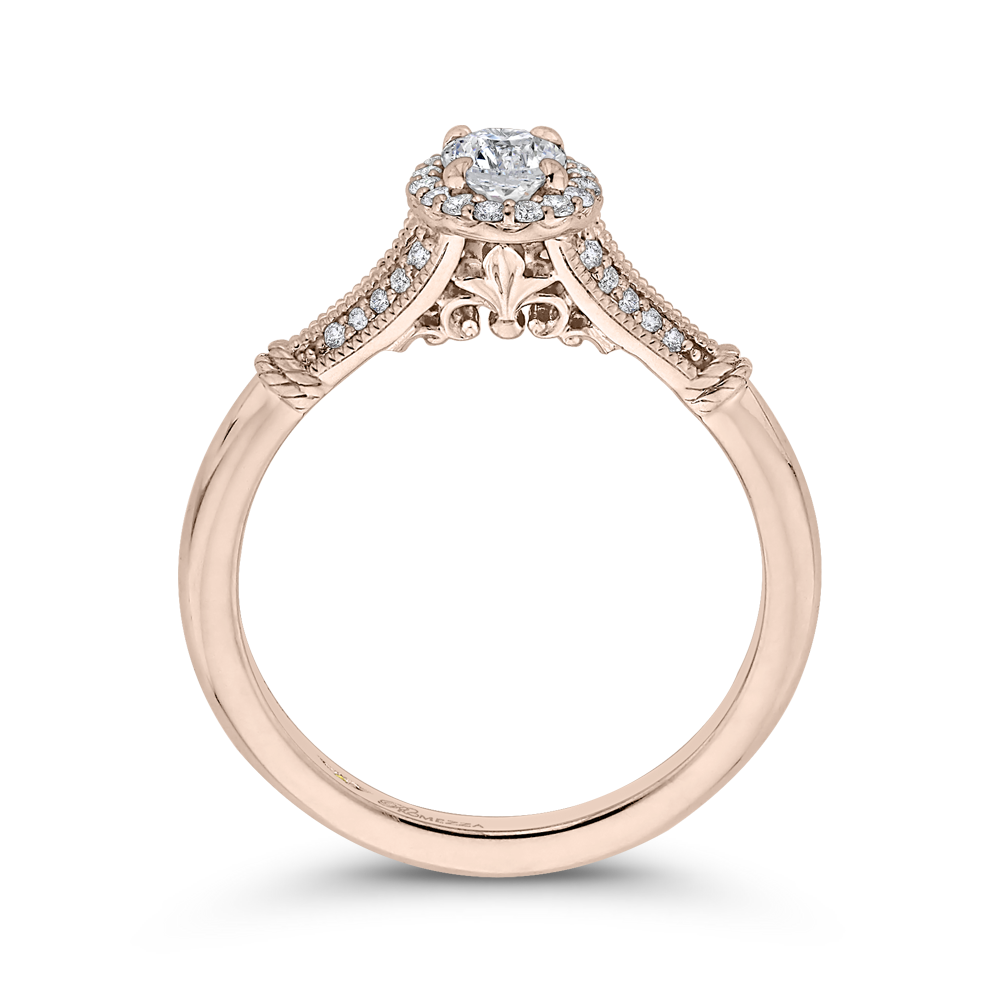 14K Rose Gold Oval Diamond Halo Cathedral Style Engagement Ring with Split Shank