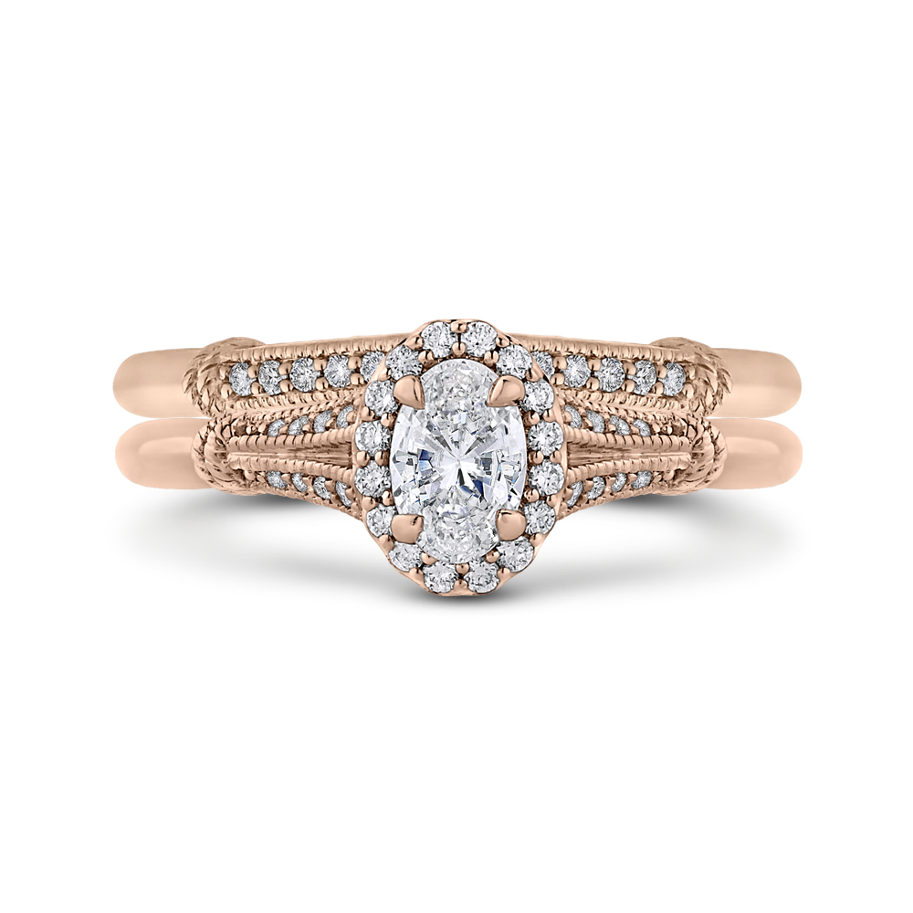 14K Rose Gold Oval Diamond Halo Cathedral Style Engagement Ring with Split Shank