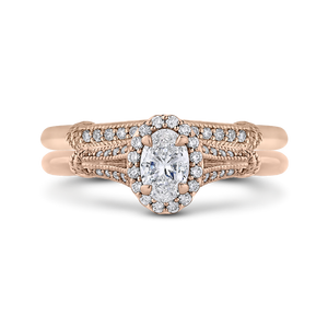 14K Rose Gold Oval Diamond Halo Cathedral Style Engagement Ring with Split Shank