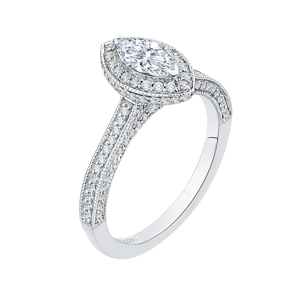 Marquise Diamond Halo Engagement Ring In 14K White Gold