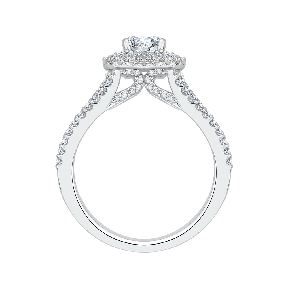 Cushion Cut Diamond Double Halo Engagement Ring In 14K White Gold with Split Shank