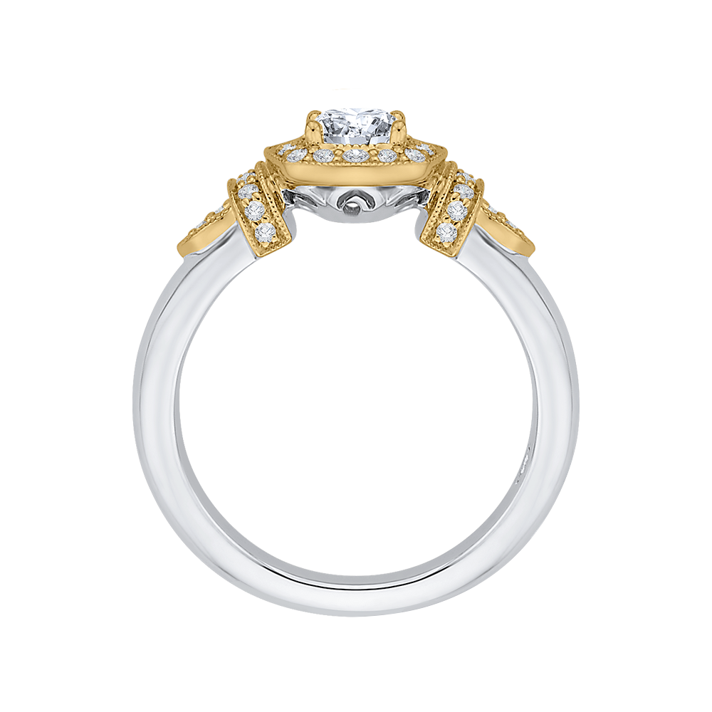 14K Two Tone Gold Cushion Diamond Halo Engagement Ring