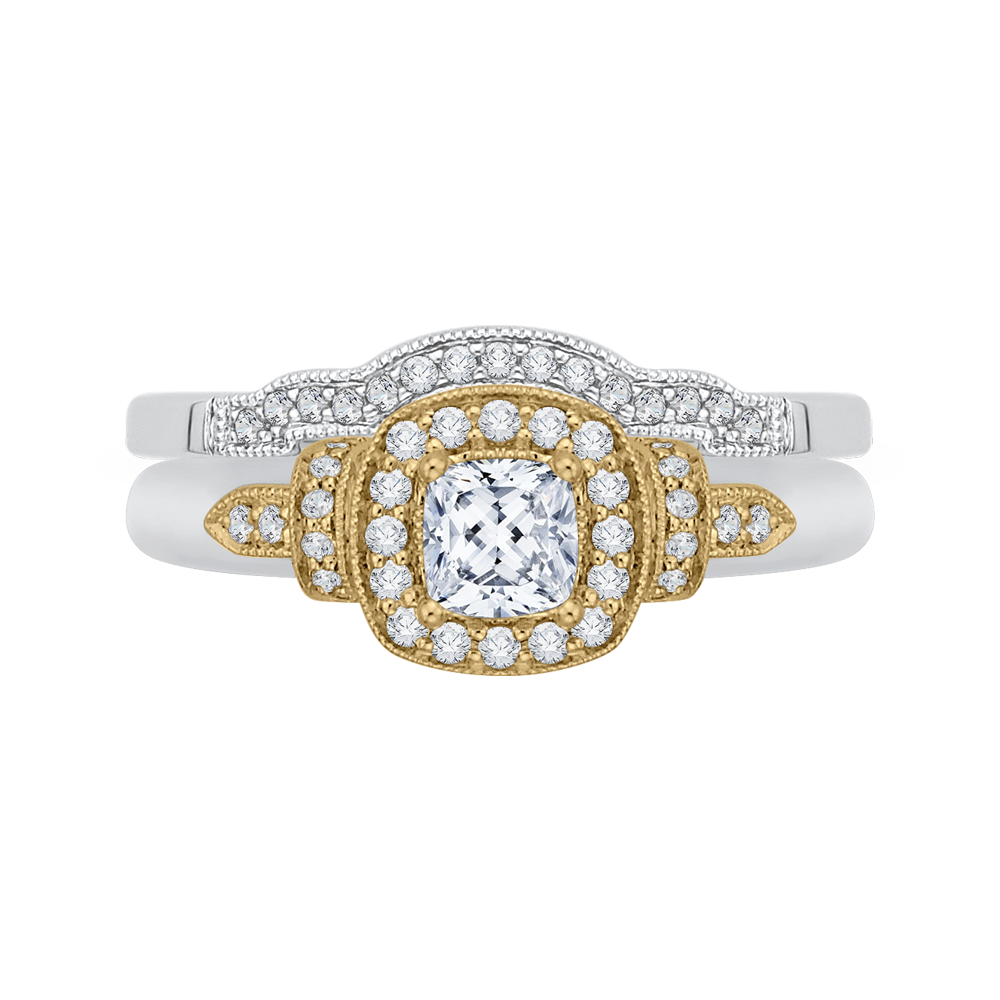 14K Two Tone Gold Cushion Diamond Halo Engagement Ring