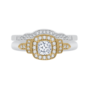 14K Two Tone Gold Cushion Diamond Halo Engagement Ring